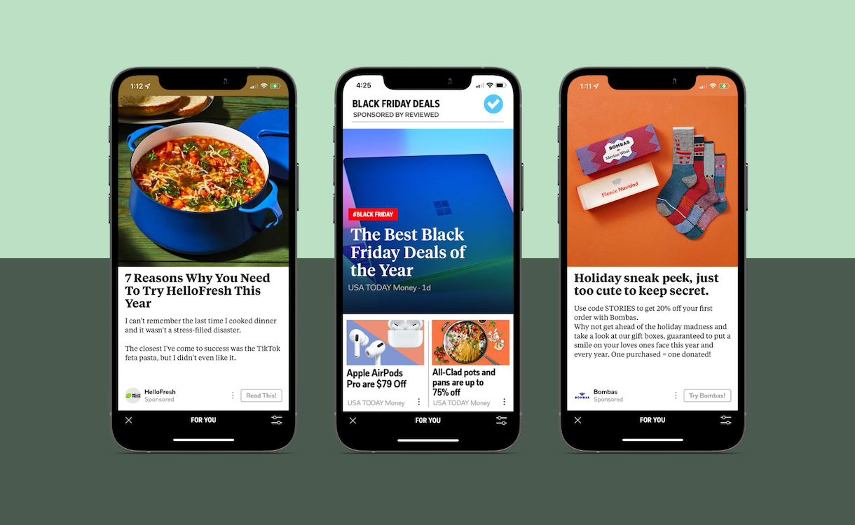 Screenshots of three ads from respectively HelloFresh, Reviewed and Bombas, demonstrating different type of content ads that run on Flipboard.