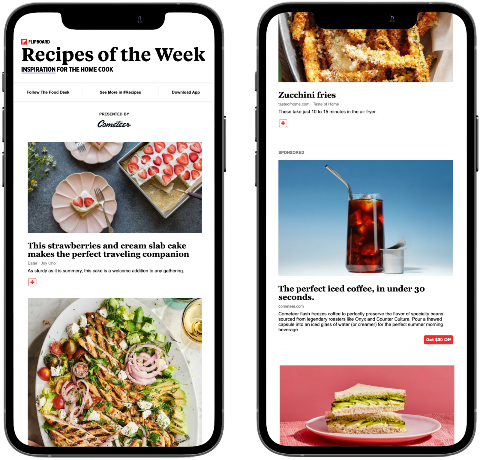 Two screenshots of "Recipes of the Week," a Flipboard newsletter. Images included are of strawberries and cream cake, a salad, a sandwich and iced coffee. 
