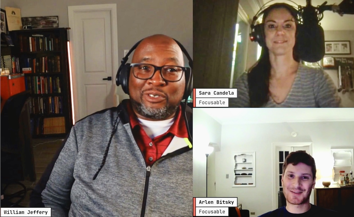 Three screens, showing William Jeffery, Sara Candela and Arlen Bitsky in a video call with each other.