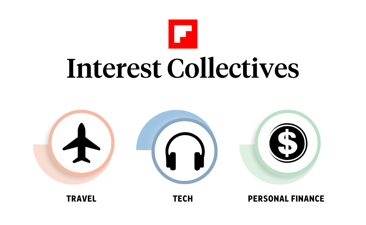 Three icons representing Flipboard's Interest Collectives for Travel, Tech and Personal Finance. Flipboard's red logo is on top.