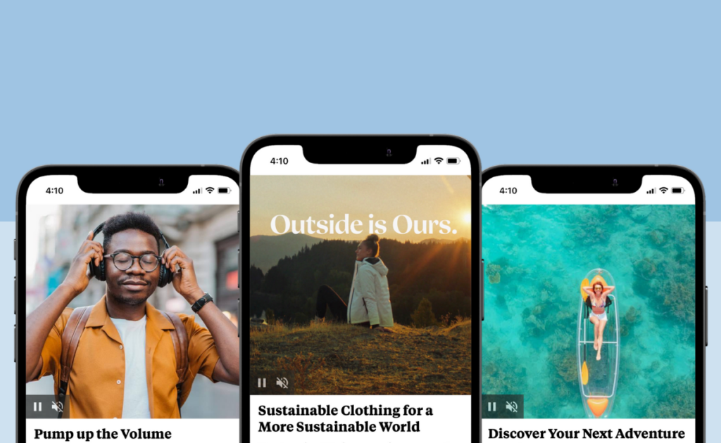 This image presents three smartphone screens, each displaying a video ad. The left ad features a Black man donning headphones, captioned "Pump up the volume". The central ad shows a woman amidst mountains, labelled "Sustainable Clothing for a More Sustainable World". The right ad portrays an aerial ocean view with a woman in a kayak, headlined "Discover your next adventure". Each ad includes pause and volume icons.