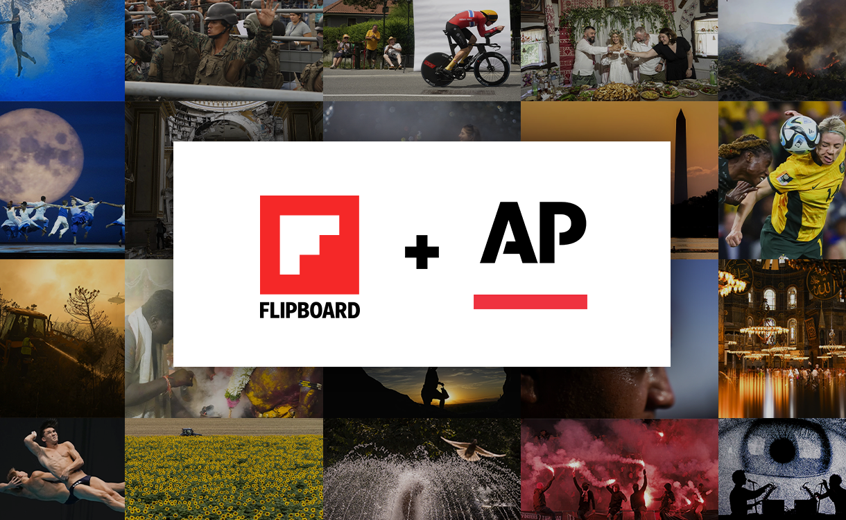 A collage of photos overlaid with a white block that has Flipboard and AP's lofos in it. 