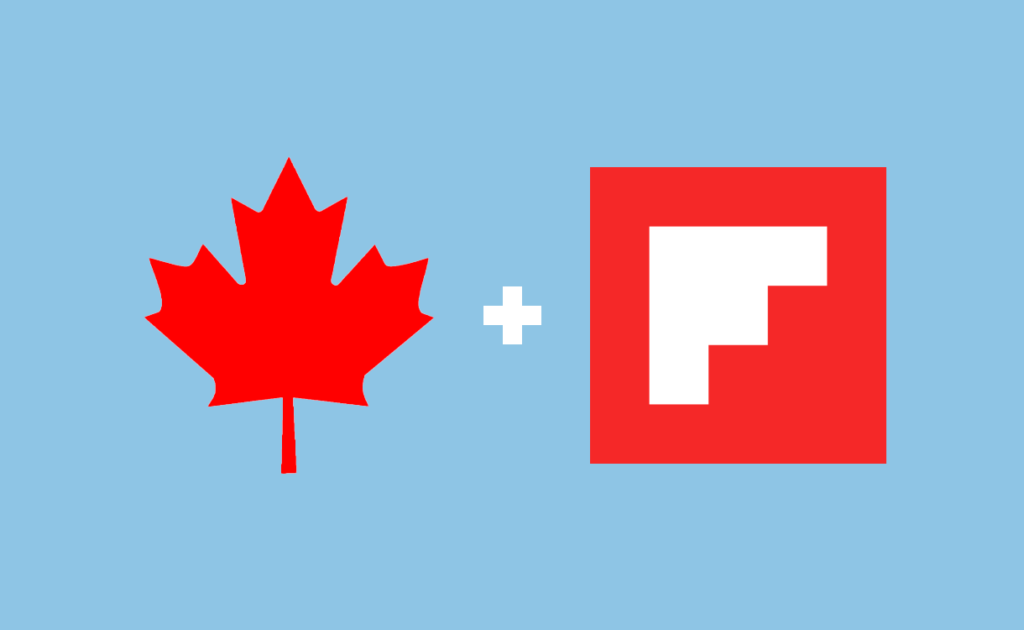 red maple leaf and red Flipboard logo with a plus sign in between them, against a light blue background.
