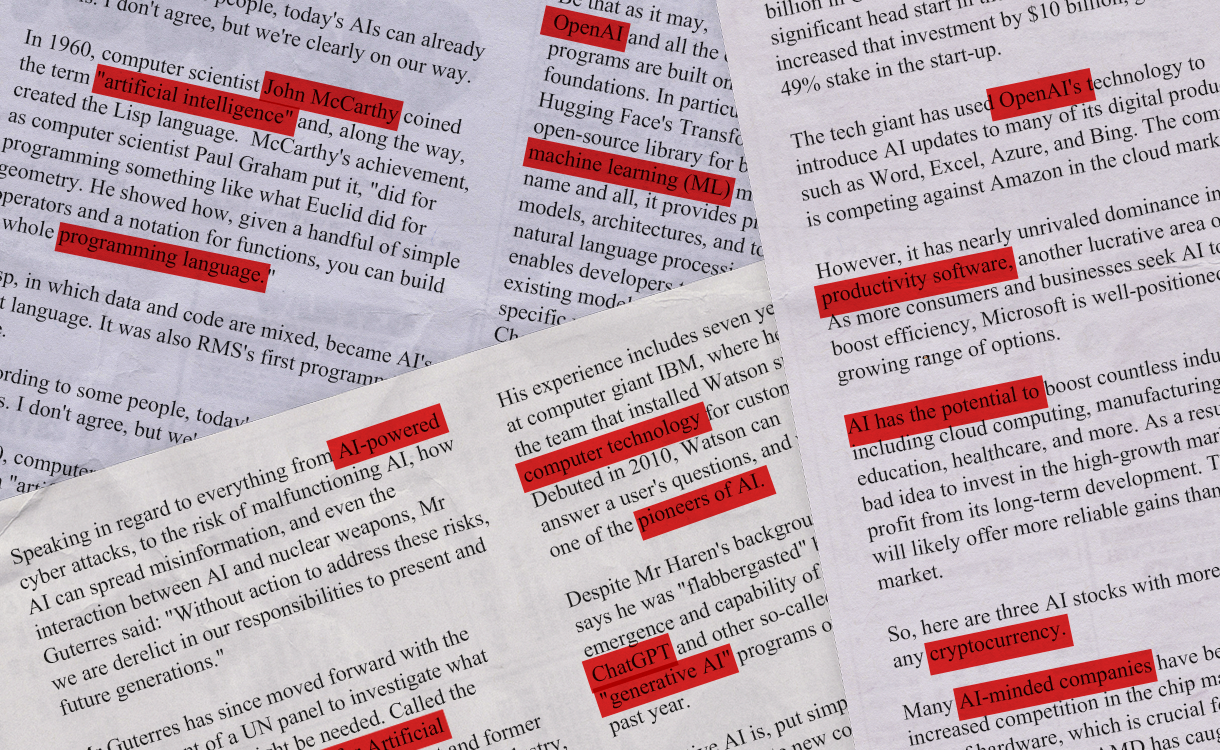 Three overlapping sheets of paper with printed text discussing tech and AI topics. Key phrases and words related to artificial intelligence, such as "ChatGPT," "AI had the potential to," and "programming language" are highlighted in red.