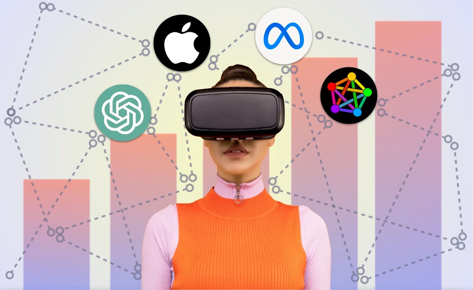 A person engrossed in VR goggles with logos of ChatGPT, Meta, Apple, and the Fediverse floating around their head. They're dressed in a simple orange vest and baby pink turtleneck. In the background, a pastel-colored bar chart and a mesh of interconnected circles depict tech trends.