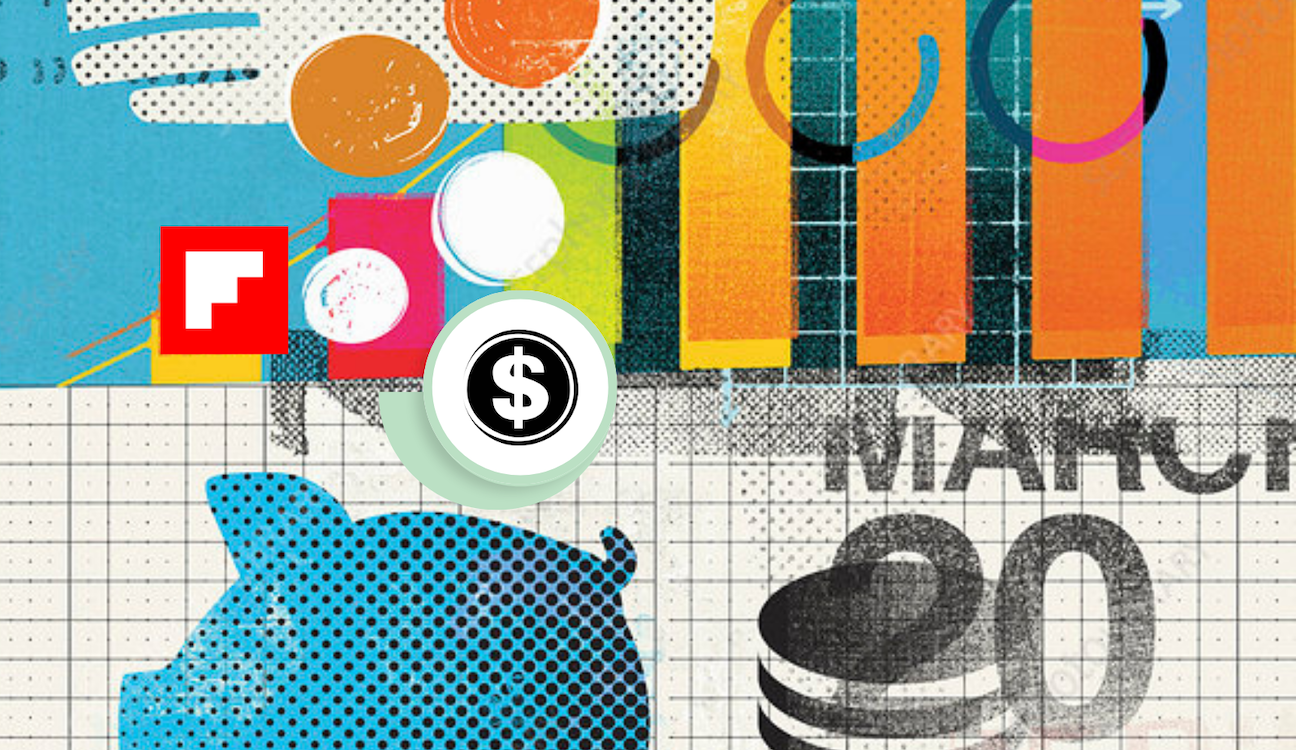 An abstract collage featuring a variety of geometric shapes, patterns, and textures. Prominent elements include Flipboard's logo (a red square with a white letter "F"}, a circular icon with a dollar sign, and overlapping colored bars in shades of orange, blue, and green. Dot patterns and grid lines provide added texture.
