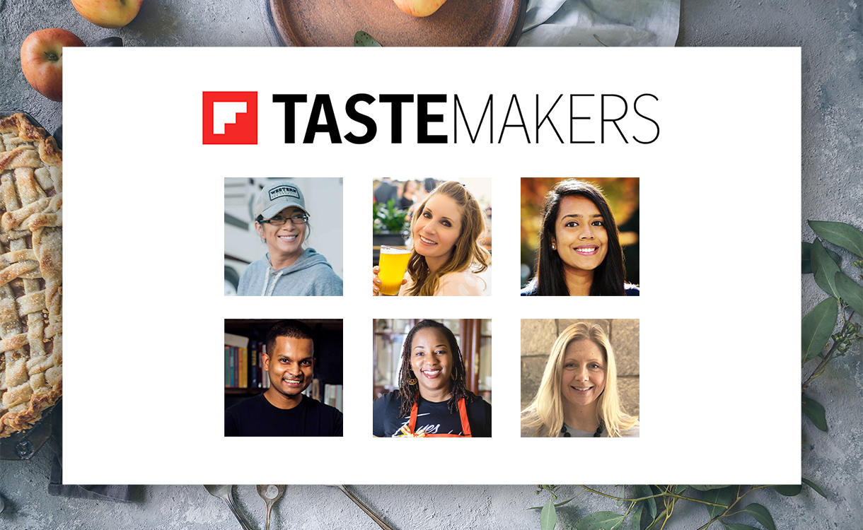The image is a collage featuring six diverse individuals, representing a group referred to as "TASTEMAKERS". There are three women at the top and a mix of two women and one man at the bottom. Each person is smiling and appears to be in a different setting, suggesting varied backgrounds. The collage is accented with food-related imagery, such as an apple pie on the left, hinting at a connection to food or culinary expertise. The "TASTEMAKERS" logo suggests a theme of influence or expertise in taste-related fields.